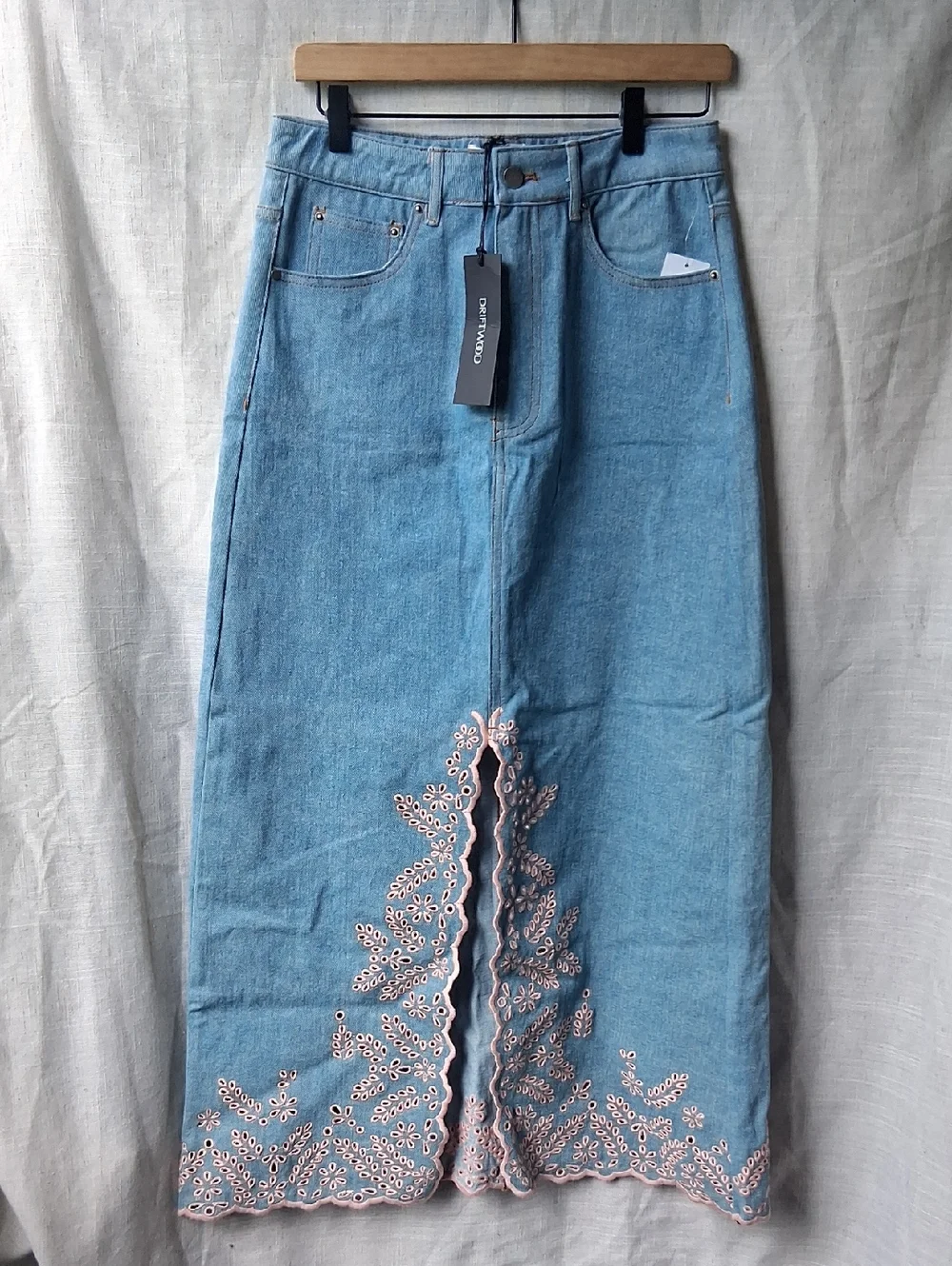 DRIFTWOOD Serena Denim Maxi Embroidery Skirt Blue Pink 27